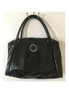 Armani Exchange AX Large Black Faux Patent Leather Hand Bag Silver Emblem Zipper